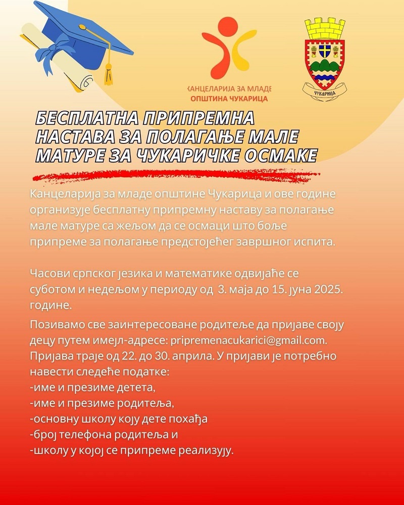 Бесплатна припремна настава за полагање мале матуре за чукаричке осмаке