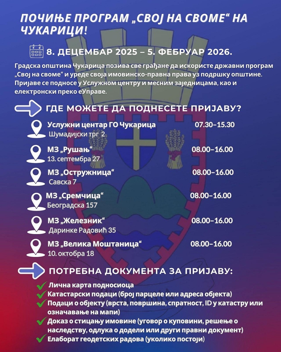 Почиње програм „Свој на своме“ на Чукарици – уредите своја имовинска права